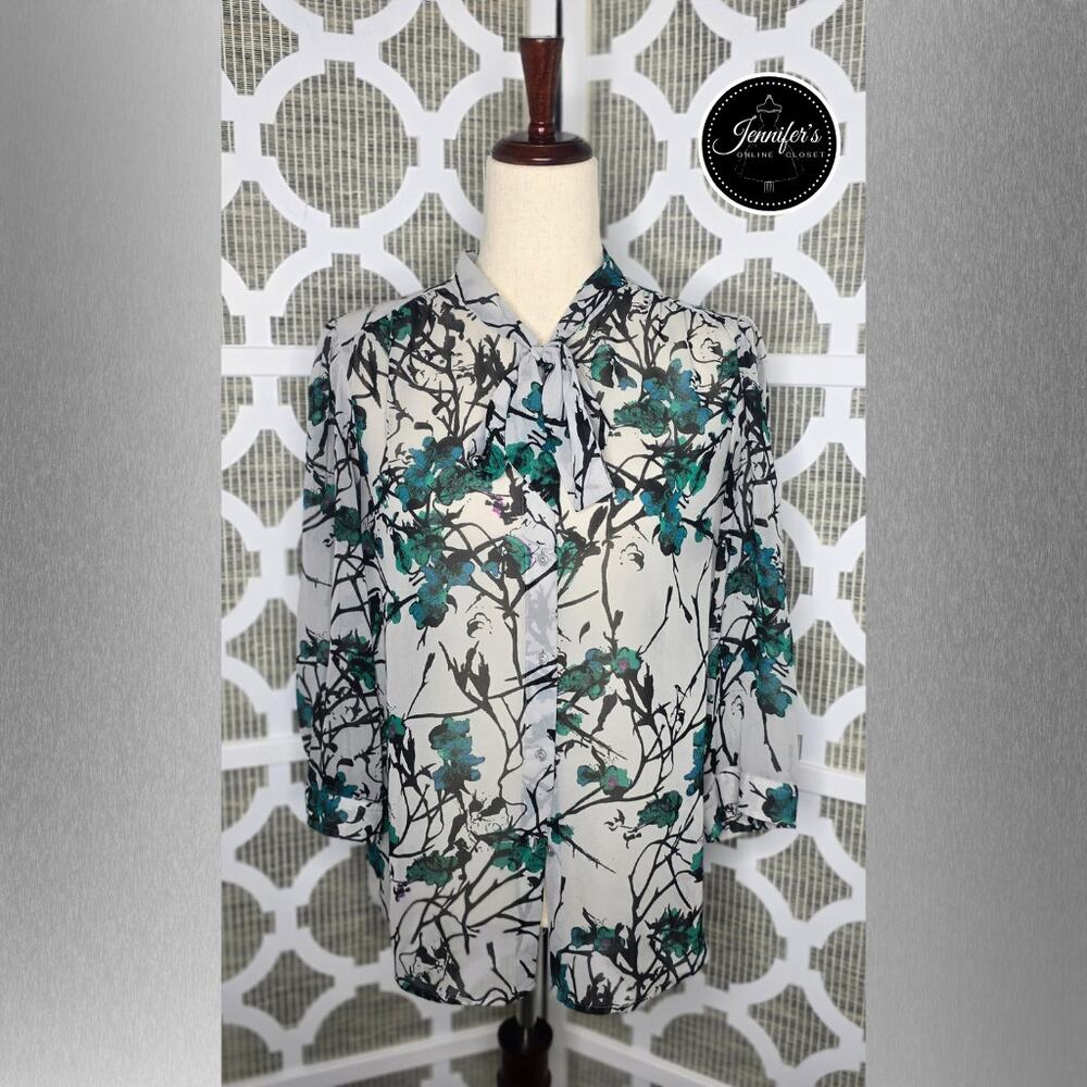 3/$30 LOFT Gray Semi-Sheer Abstract Floral Watercolor Tie Neck Blouse Size M